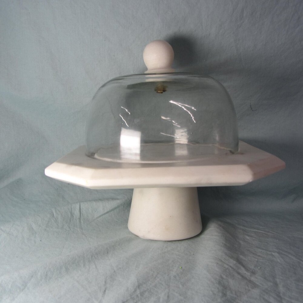 rachel zoe white marble cheese food display pedestal glass dome (W2264)